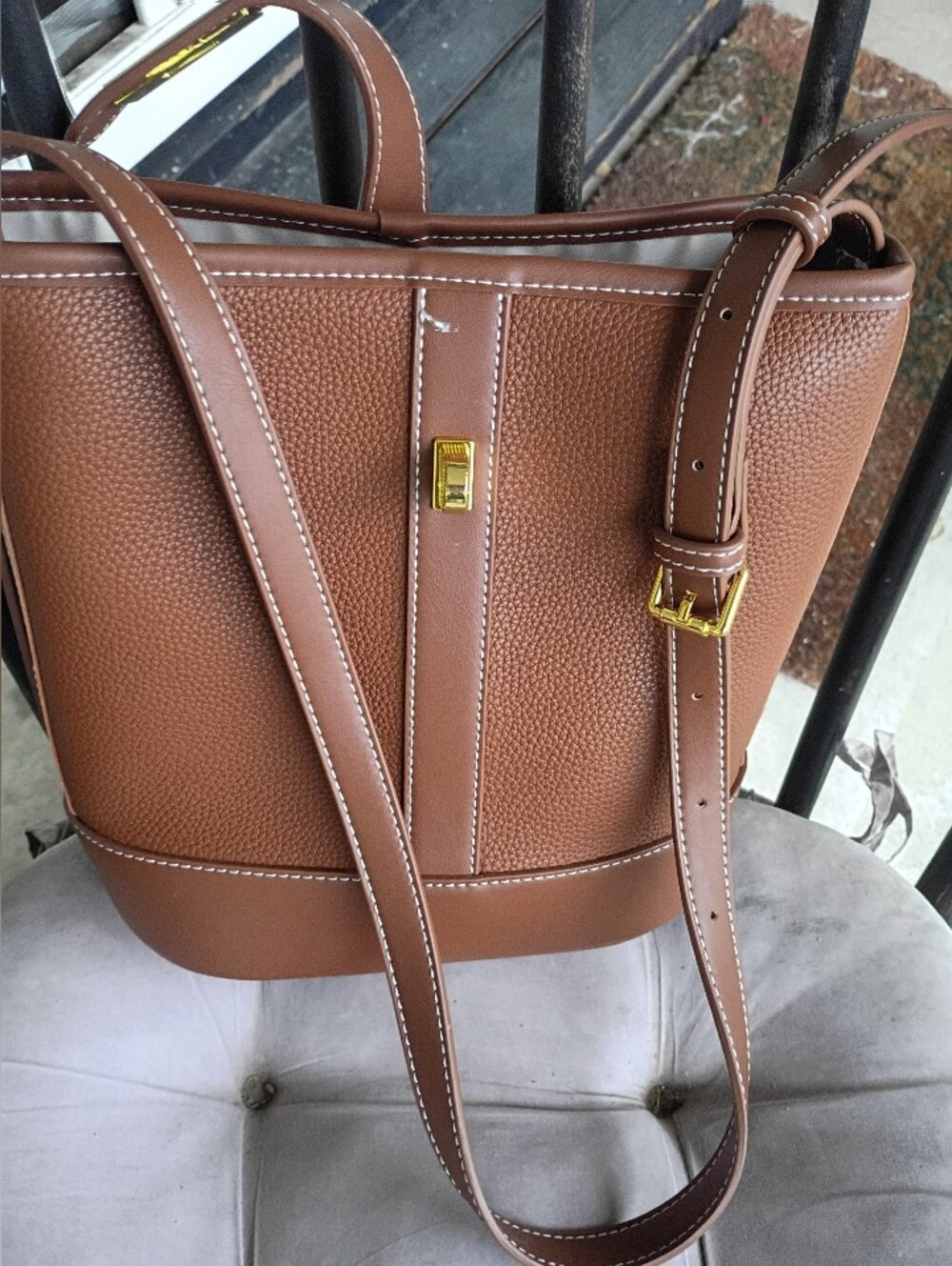 Miztique Classic Brown Leather Tote Bag with Gold Hardware